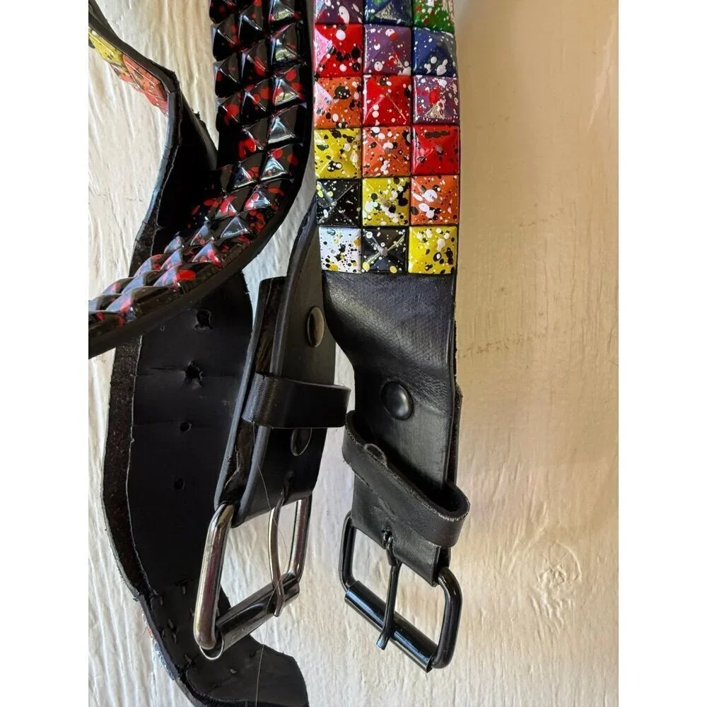Lot of 2 Studded Punk Rock Belts – Splatter Paint & Red/Black